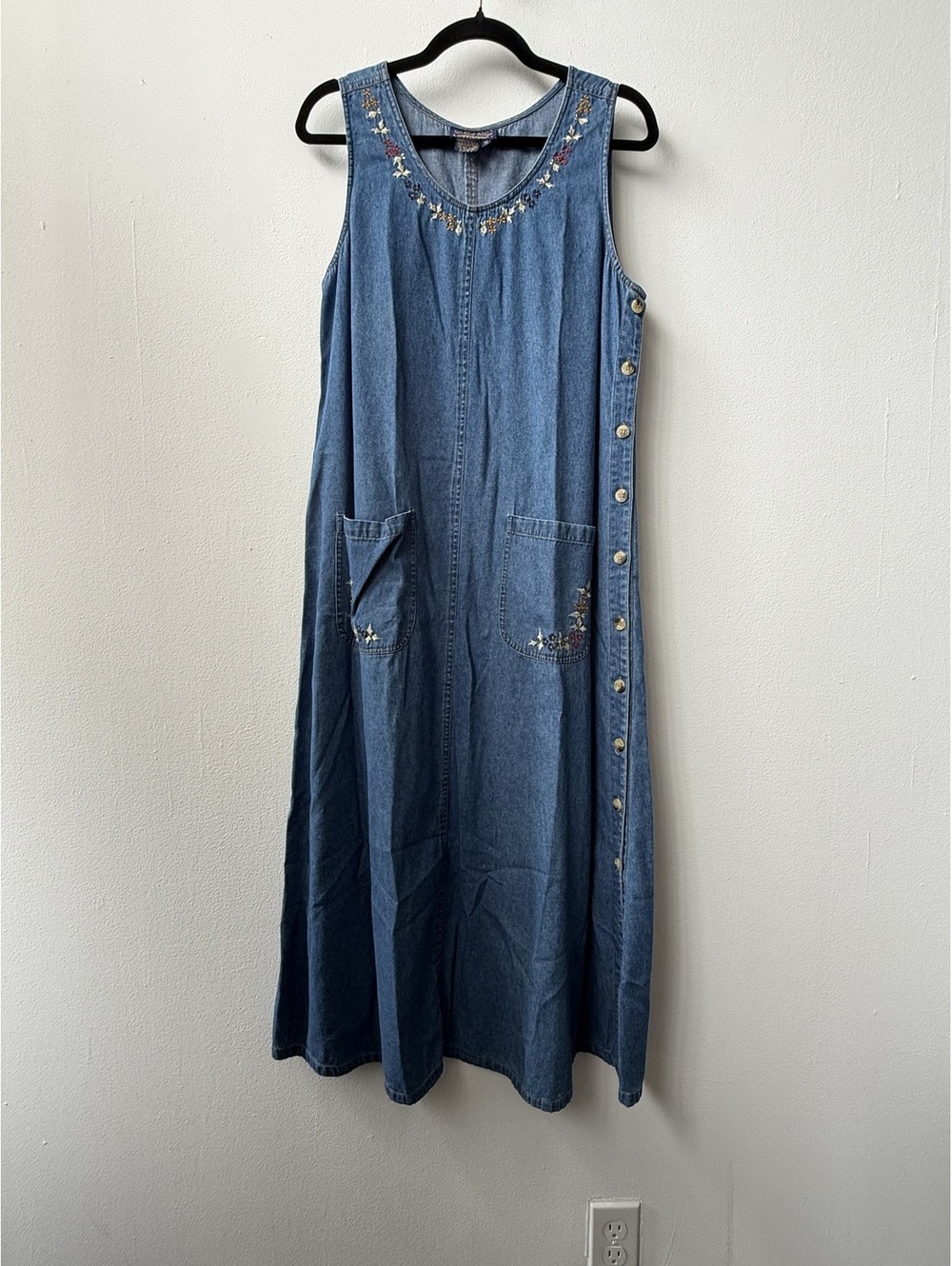 Vintage Willow Ridge Embroidered Denim Maxi Dress 100% Cotton Cottagecore Medium